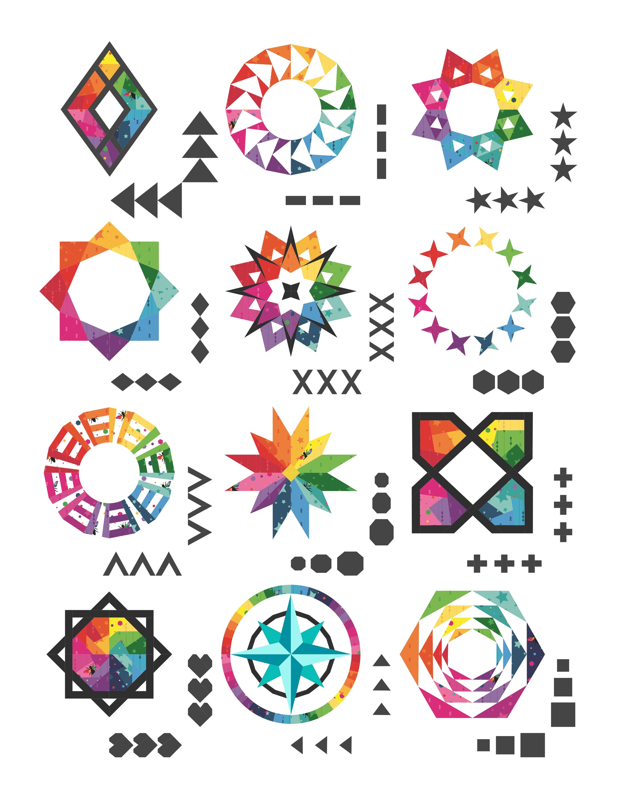 Geo Gems Foundation Paper Pieced Quilt Along featuring rainbow geometric designs