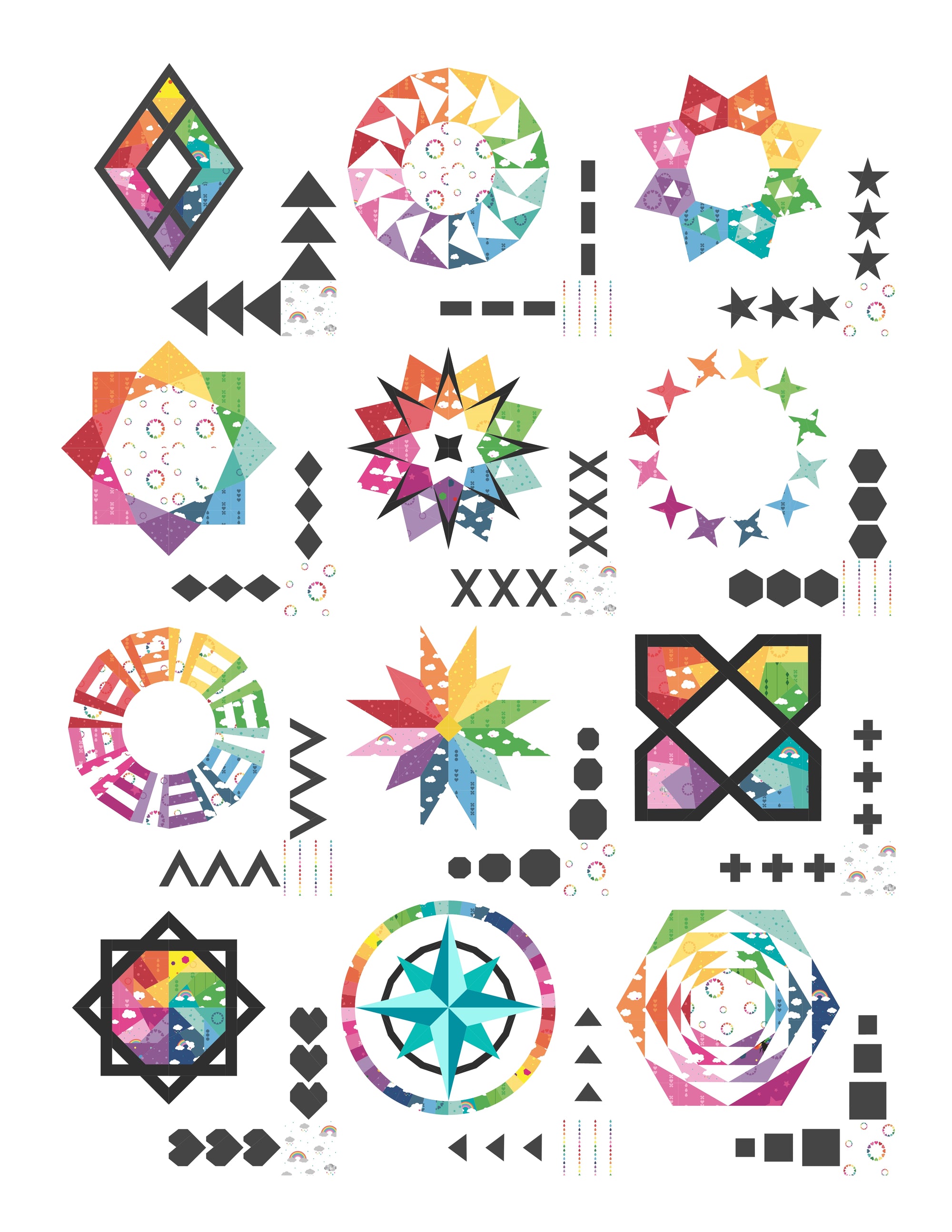 Geo Gems Foundation Paper Pieced Quilt Along featuring rainbow geometric designs