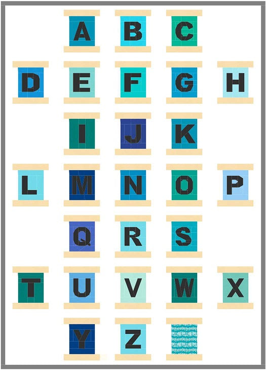sewing spools with letters on them to create an alphabet for a paper pieced pattern