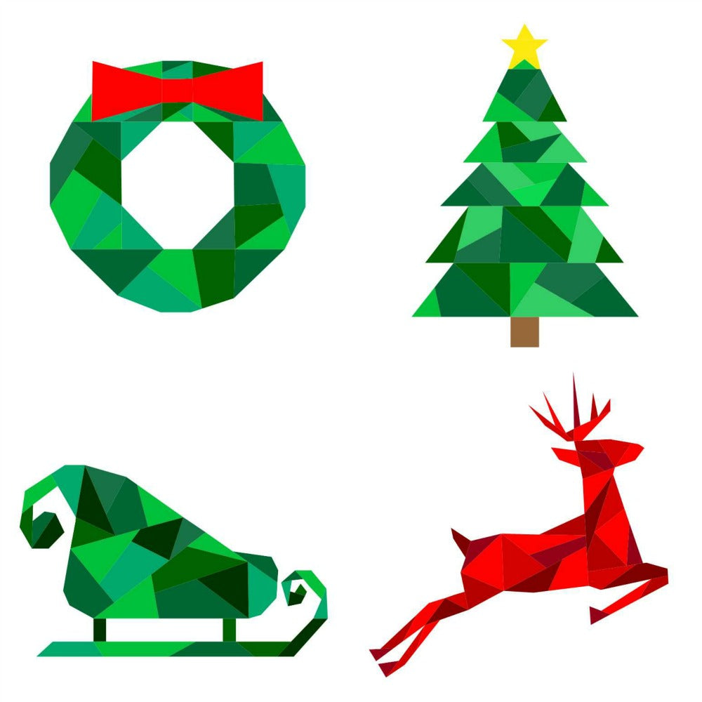 Geometric Christmas paper pieced pattern bundle including a wreath, tree, sleigh and reindeer