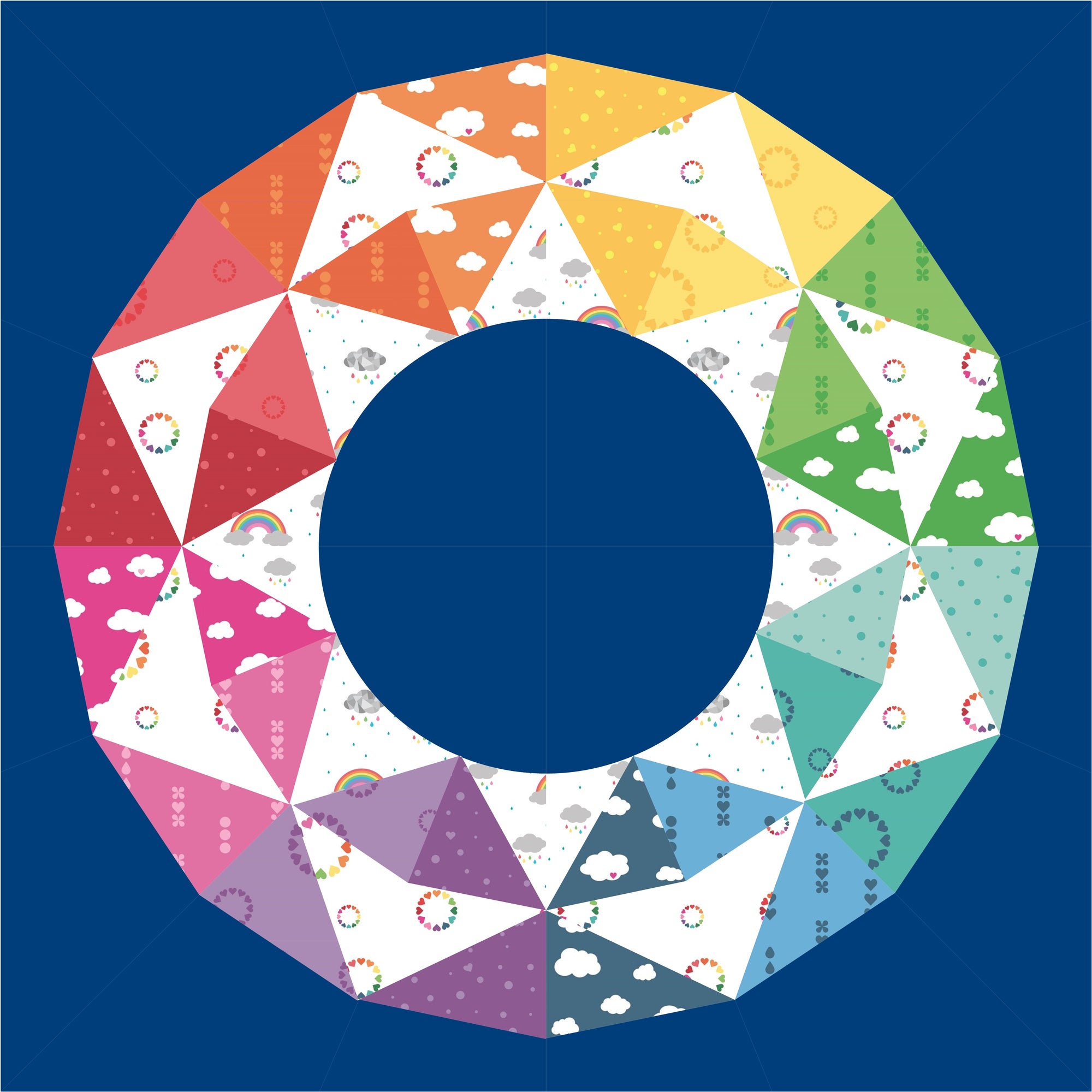 geometric fractured rainbow paper pieced pattern similar to a colour wheel