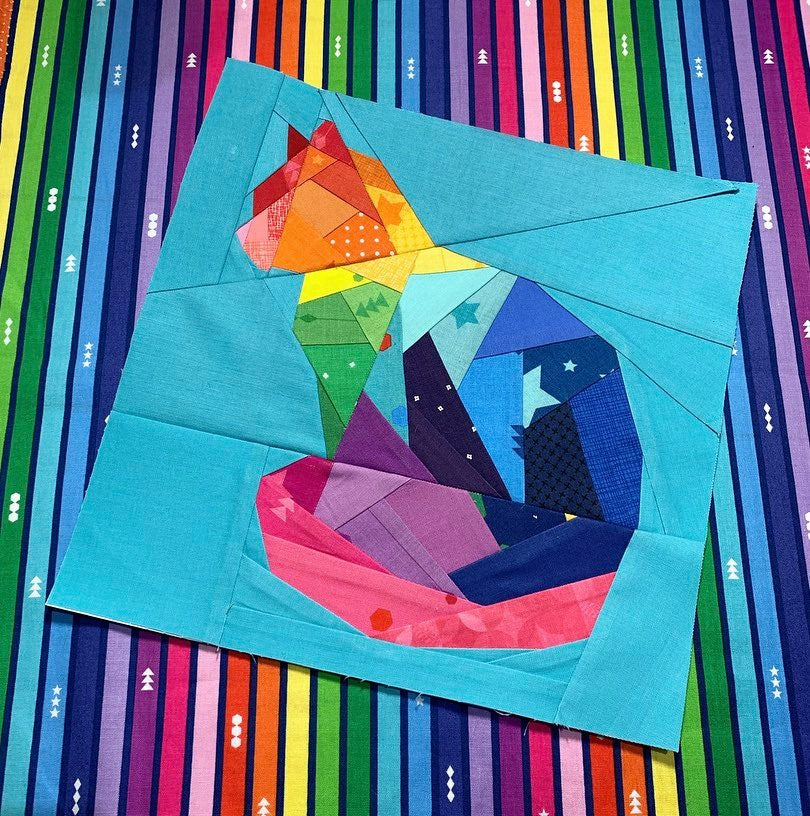 geometric rainbow cat silhouette paper pieced pattern sewn in fabric
