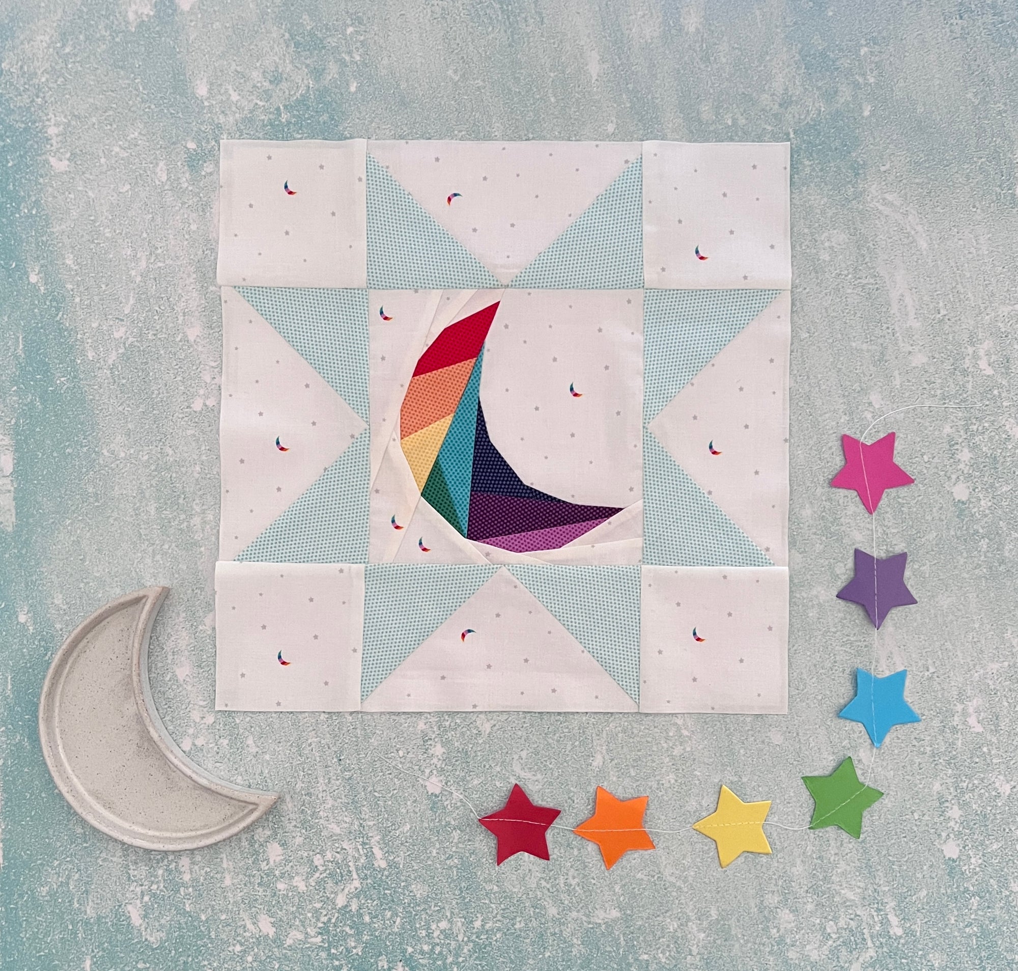 Geometric Moon paper pieced pattern sewn in fabric