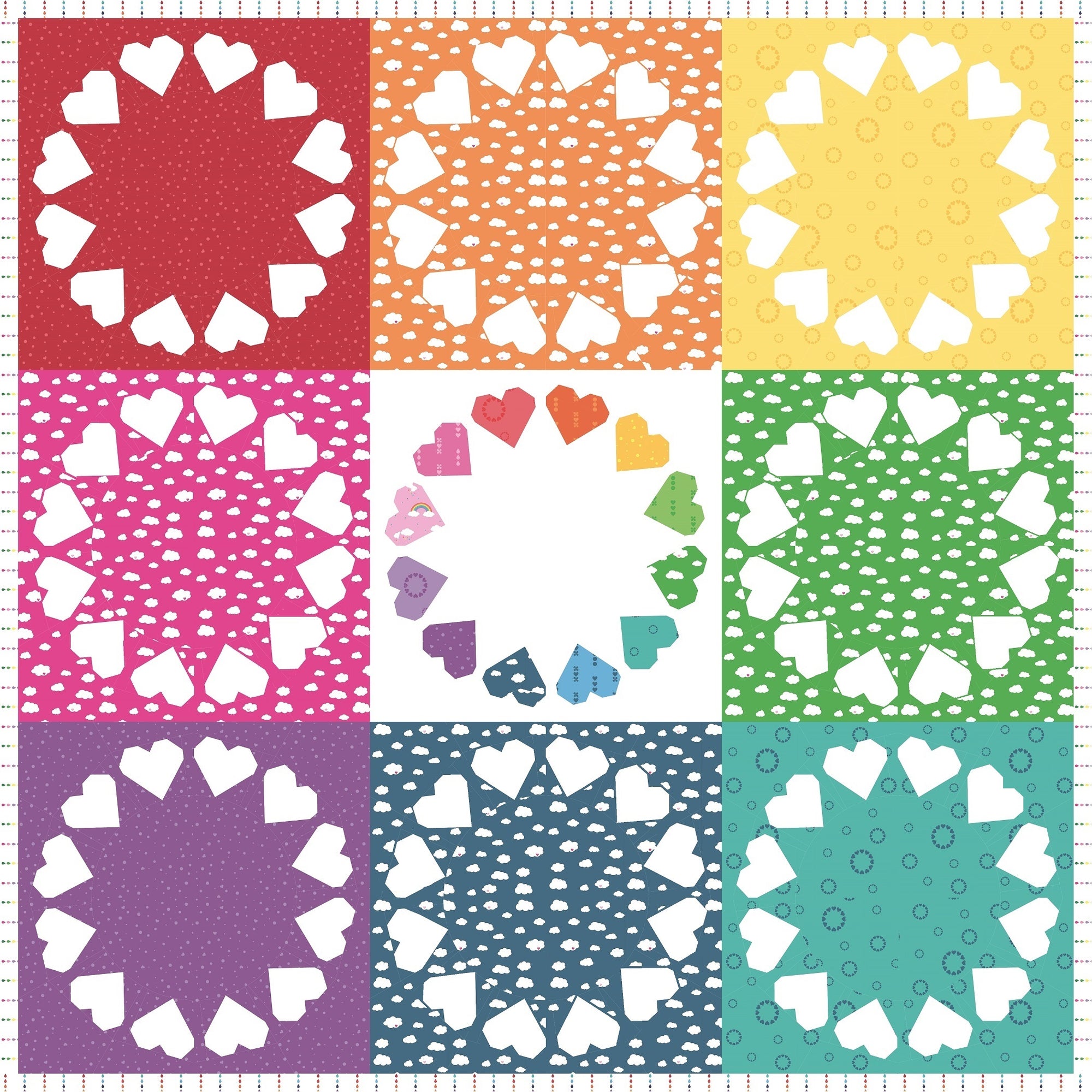 Heartfelt quilt paper pieced pattern featuring rings of hearts 