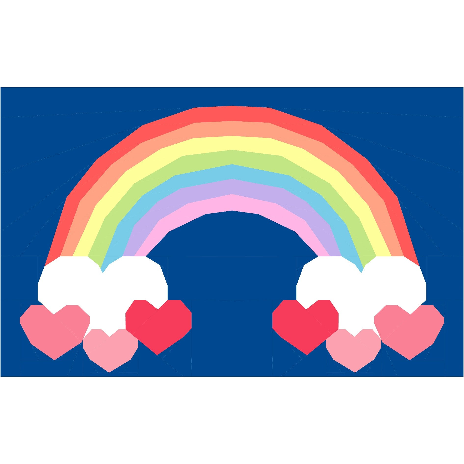 Heart full of rainbow paperp ieced pattern featuring a rainbow with hearts as clouds at the ends of the rainbow