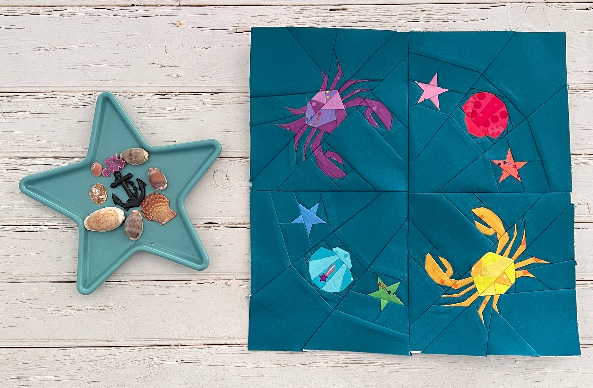 crabby crabs paper pieced pattern sewn in rainbow fabrics