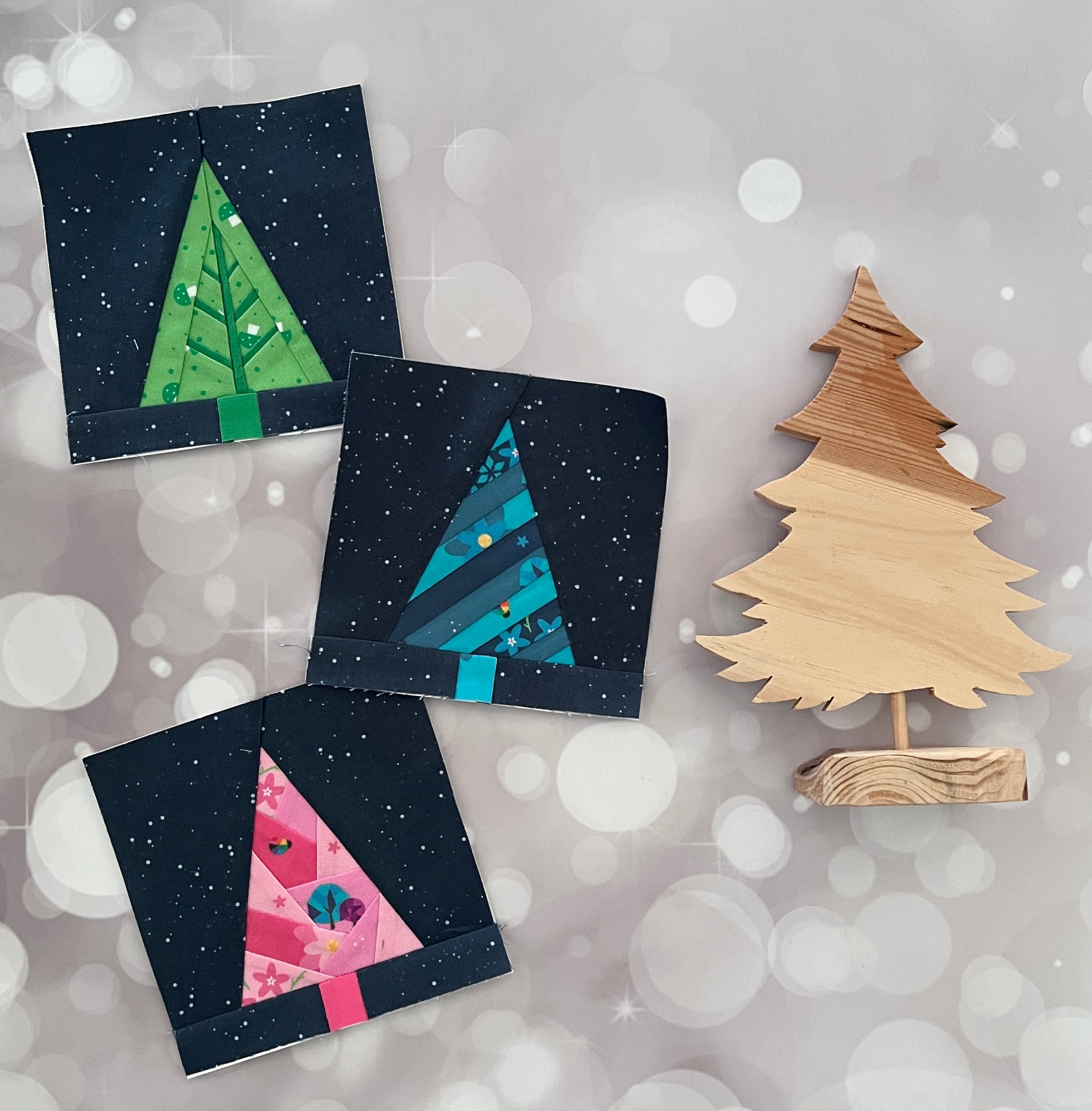 evergreen trio paper pieced pattern sewn in fabric