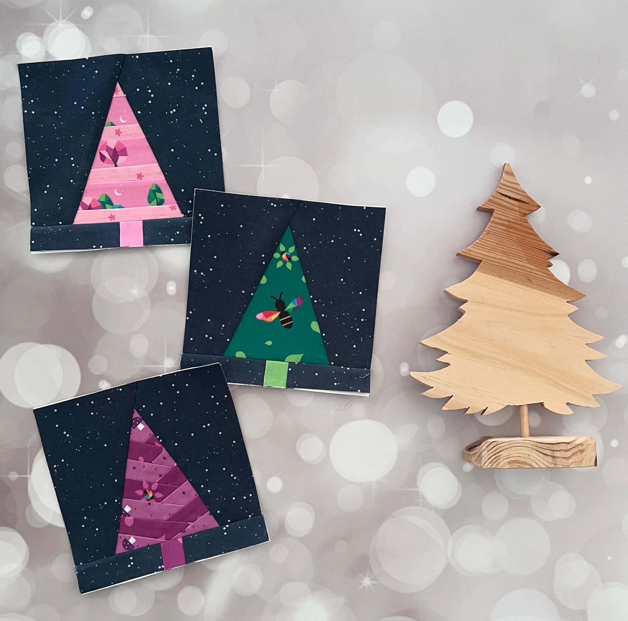 triple trees evergreen paper pieced pattern sewn in fabric