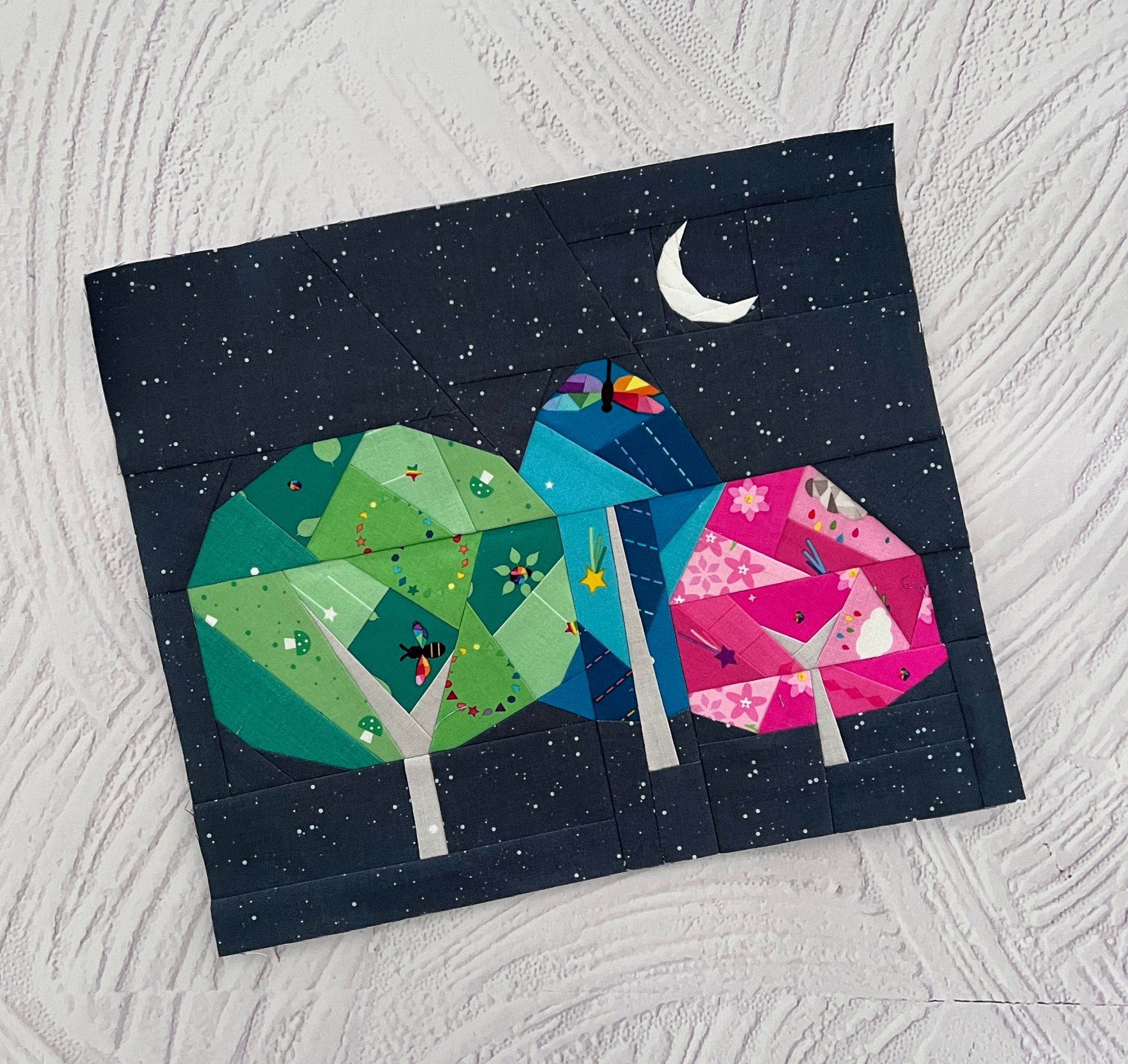night garden paper pieced pattern sewn in fabric