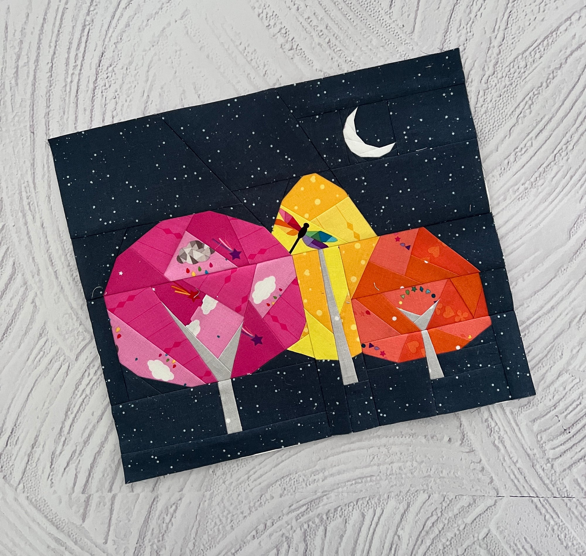 night garden paper pieced pattern sewn in fabric