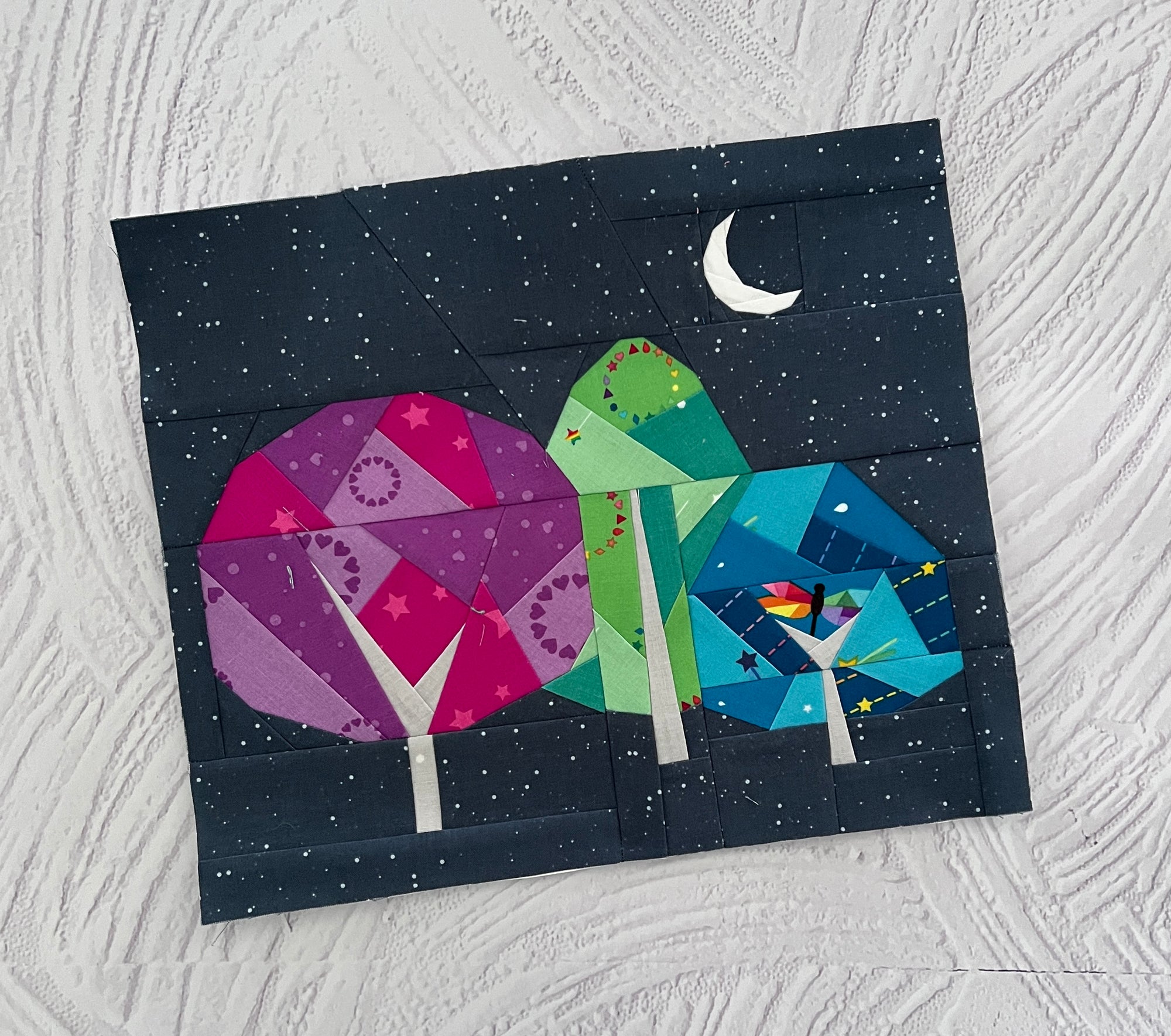night garden paper pieced pattern sewn in fabric