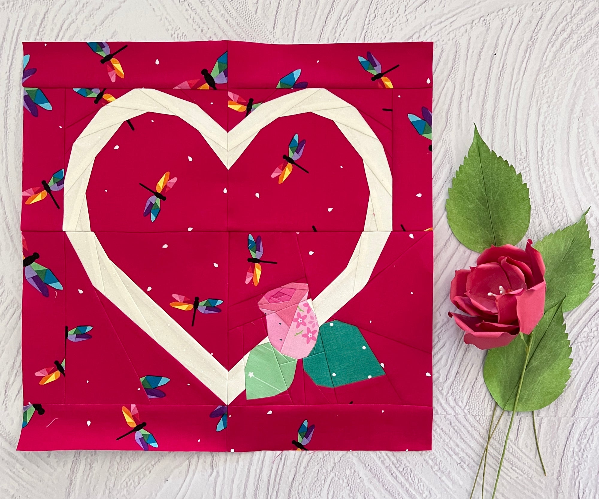 sweetheart paper pieced pattern sewn in fabric