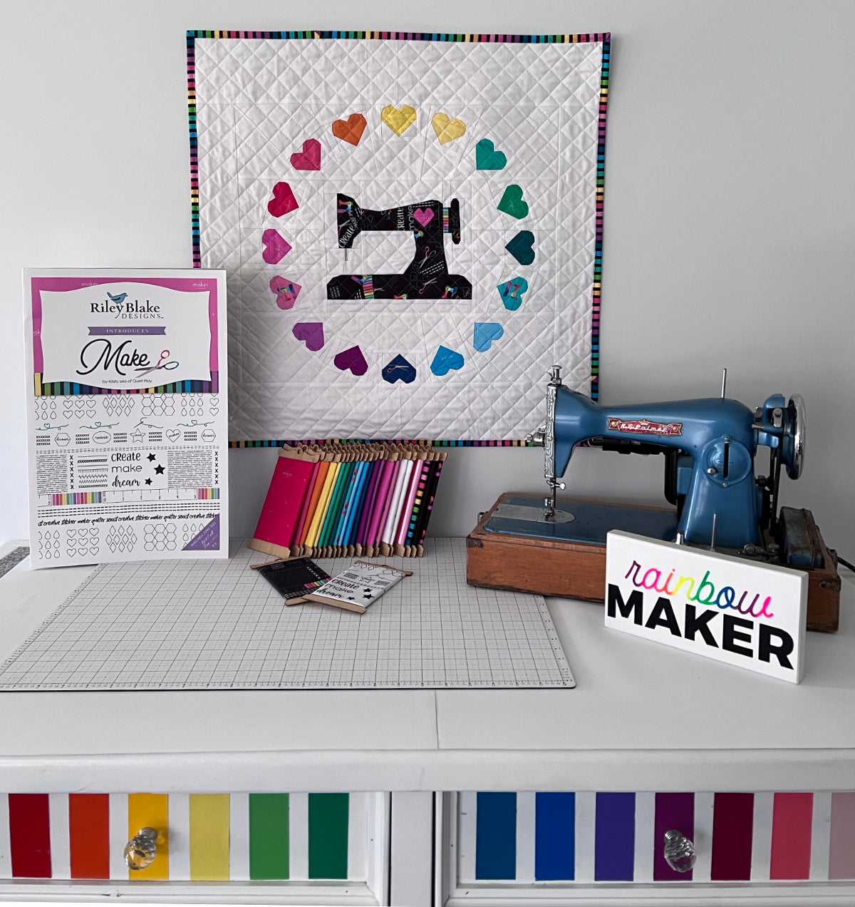 Just Sew Mini quilt paper pieced pattern sewn in rainbow fabric