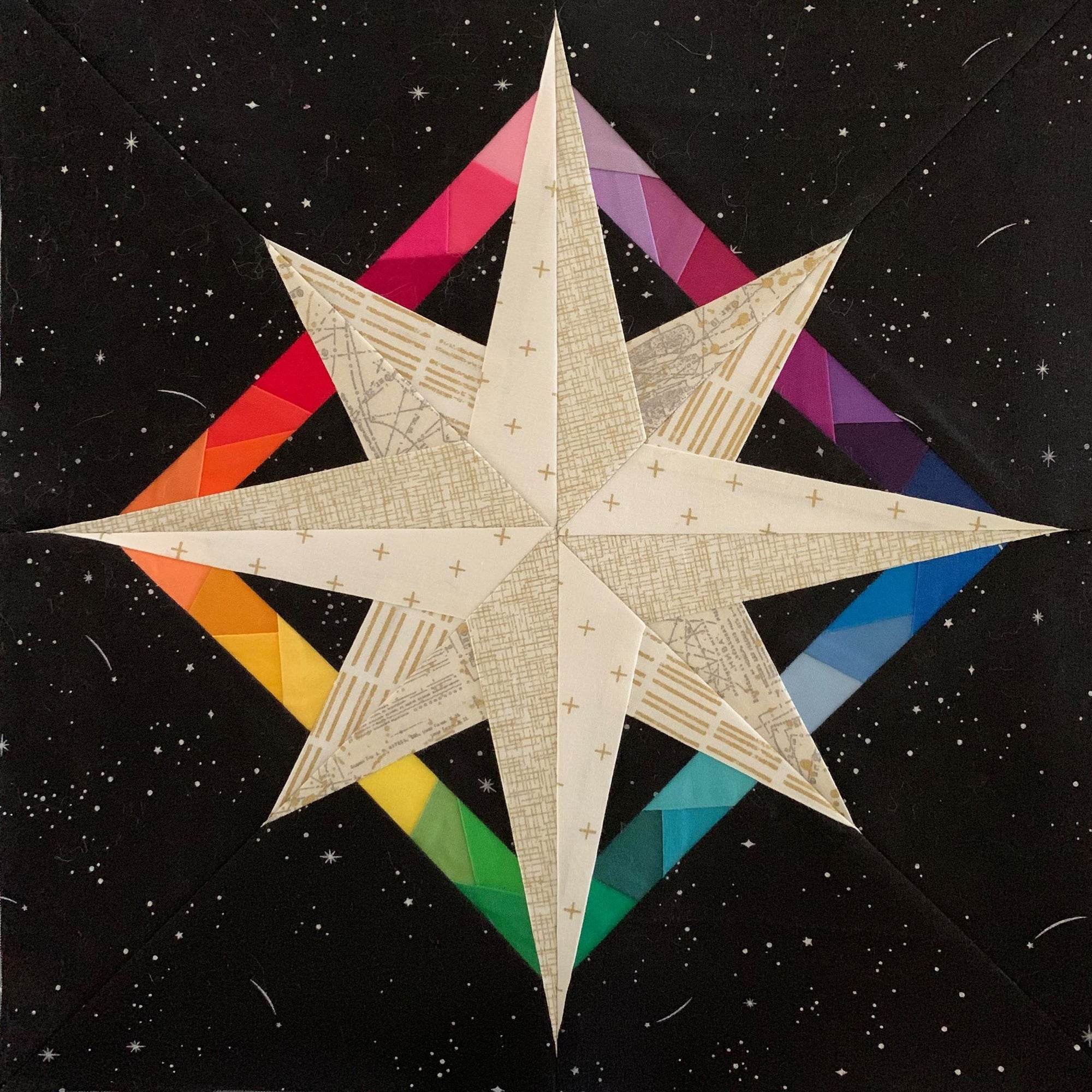 geometric frame on a mariner's compass paper pieced pattern sewn in fabric