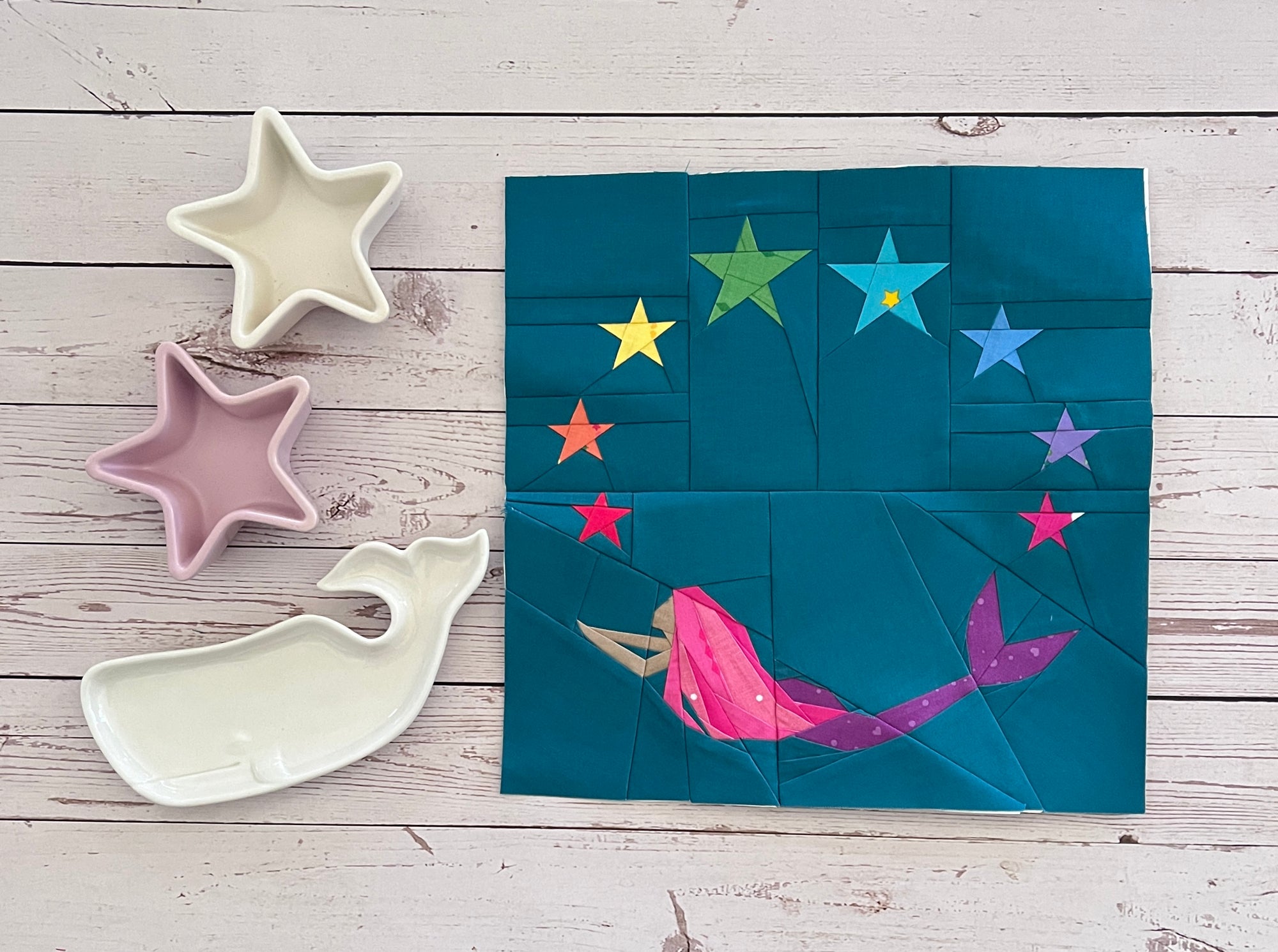 mermaid magic paper pieced pattern sewn in rainbow fabric