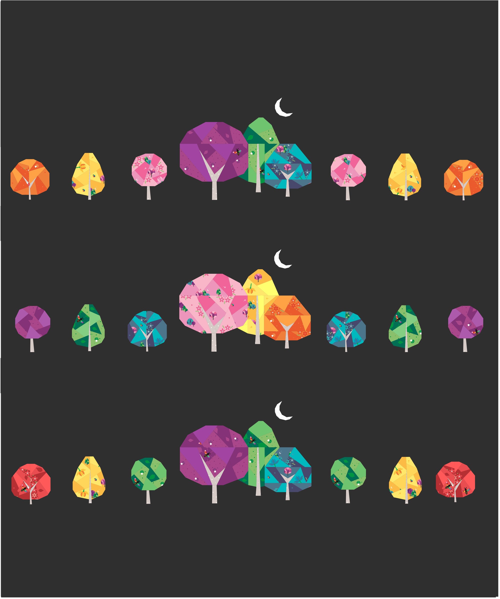 Moonlit stroll foundation paper pieced pattern featuring colourful geometric trees on a dark background