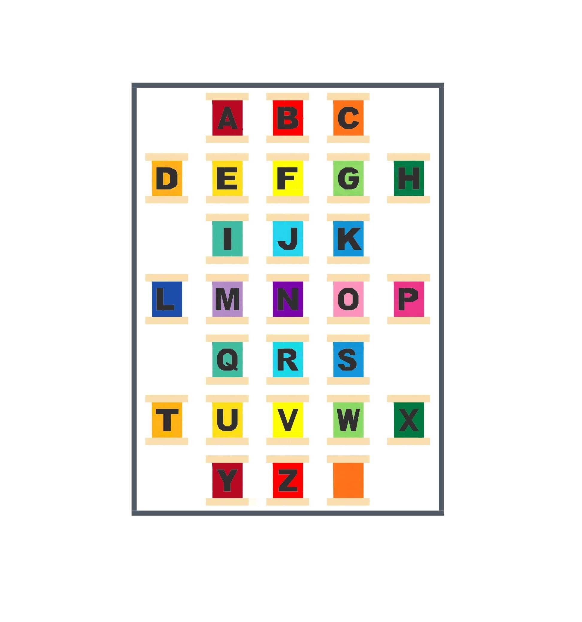 sewing spools with letters on them to create an alphabet for a paper pieced pattern