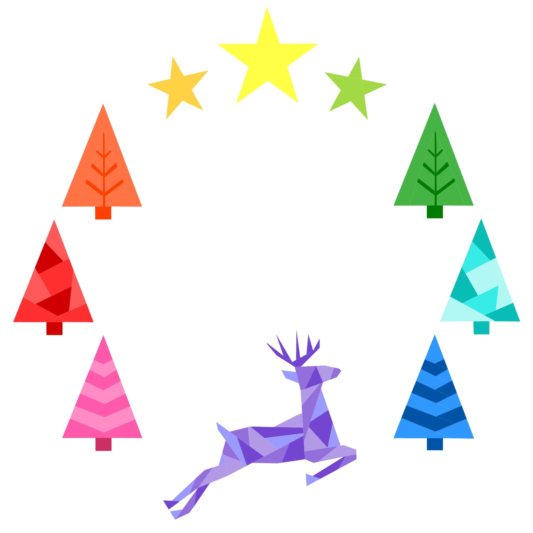 Frolic paper pieced pattern featuring a deer, trees and stars