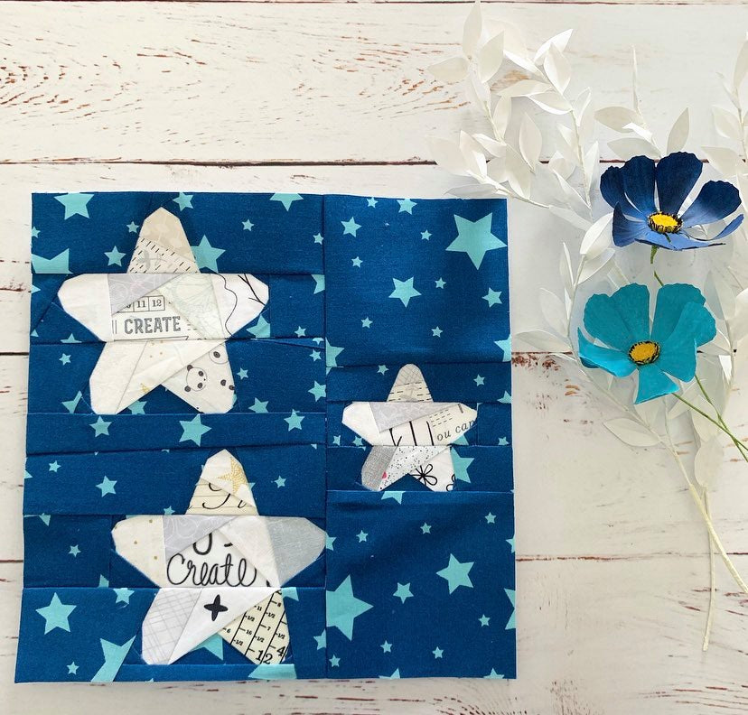 geometric trio of stars paper pieced pattern sewn in fabric