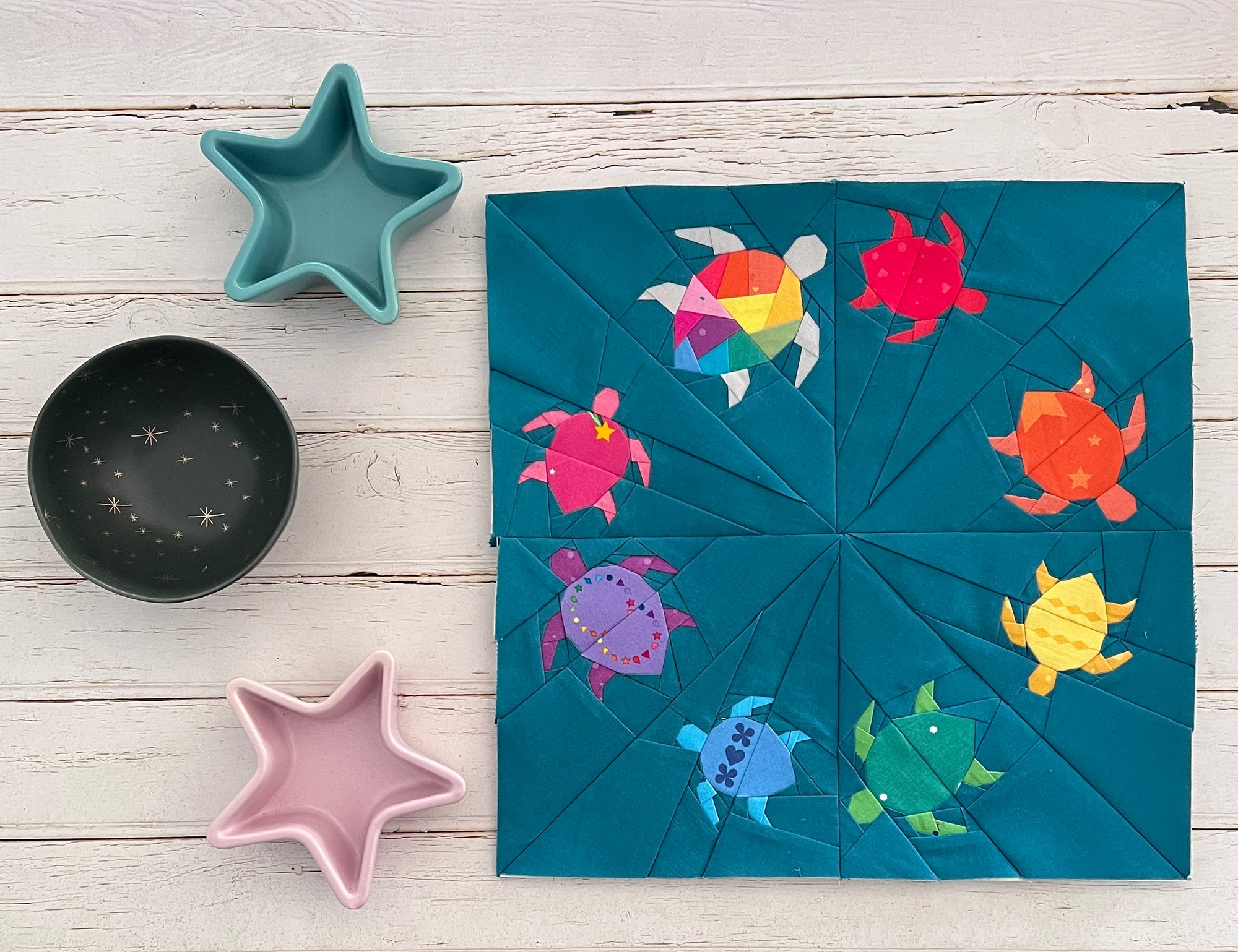 bale of turtles paper pieced pattern sewn in rainbow fabric