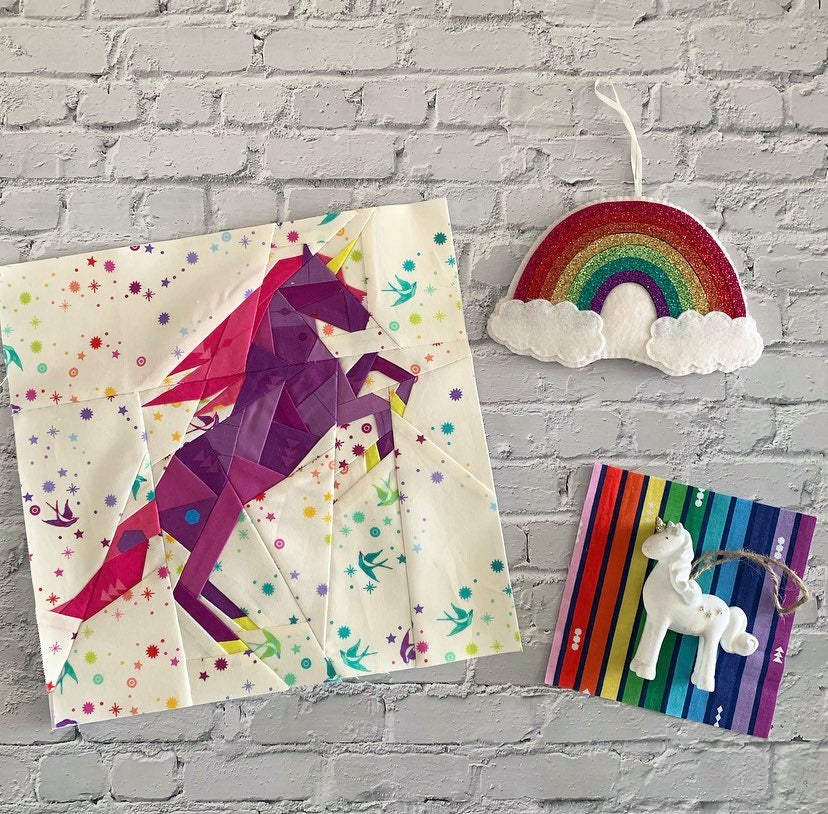 geometric unicorn paper pieced pattern sewn in fabric