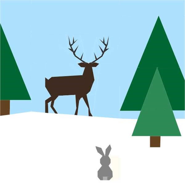 winter scene paper pieced pattern featuring pine trees, a stag and a little bunny