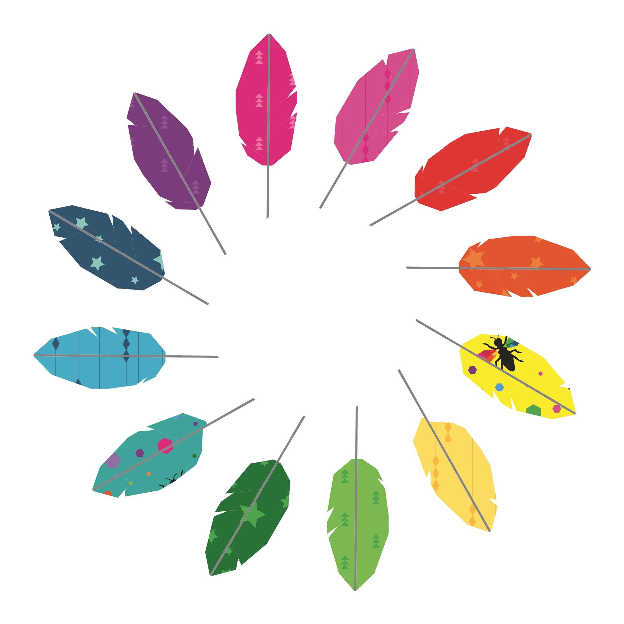 a wreath style foundation pieced pattern featuring feathres in rainbow colours