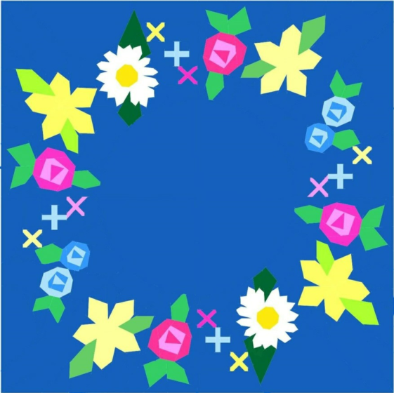 daisy flower wreath paper pieced pattern featuring stylised flowers like roses, daises and little crosses