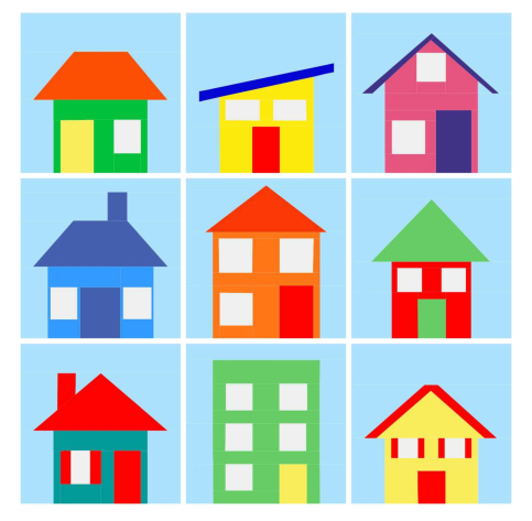 foundation paper pieced FPP bundle with little houses in various designs